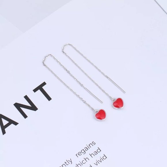 14k Gold Heart Chain Threader Earrings Sterling Silver - Picture 5 of 9